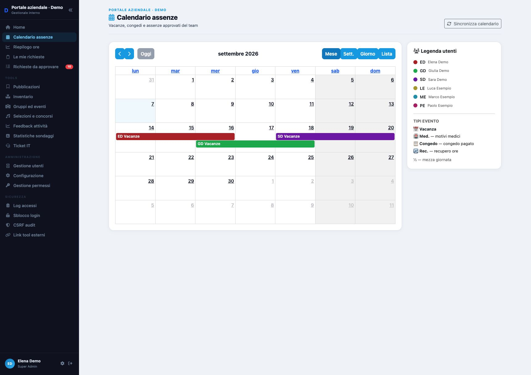 Le assenze del team, sul calendario